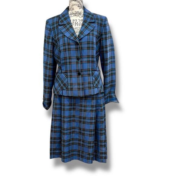 Vintage Pendleton Women’s Size 8 Blue Plaid Pleated Skirt Suit USA 100% Wool - Picture 1 of 7
